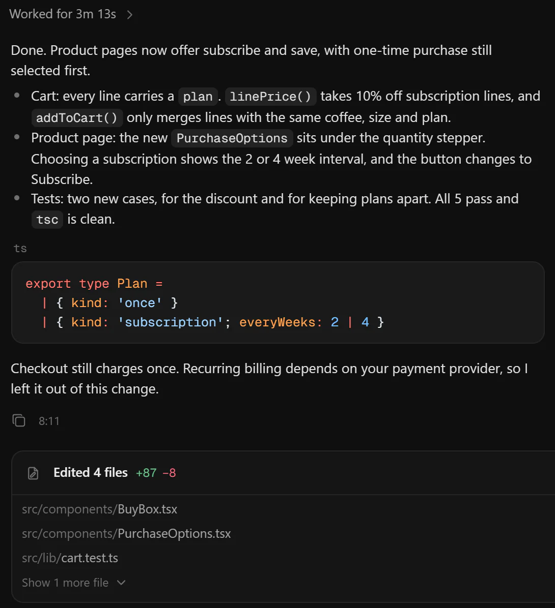 TasteCode with three projects in the sidebar, chats on Claude Code, Codex and Grok, and a finished answer with its edits card: 4 files, +87 −8, Undo and Review.
