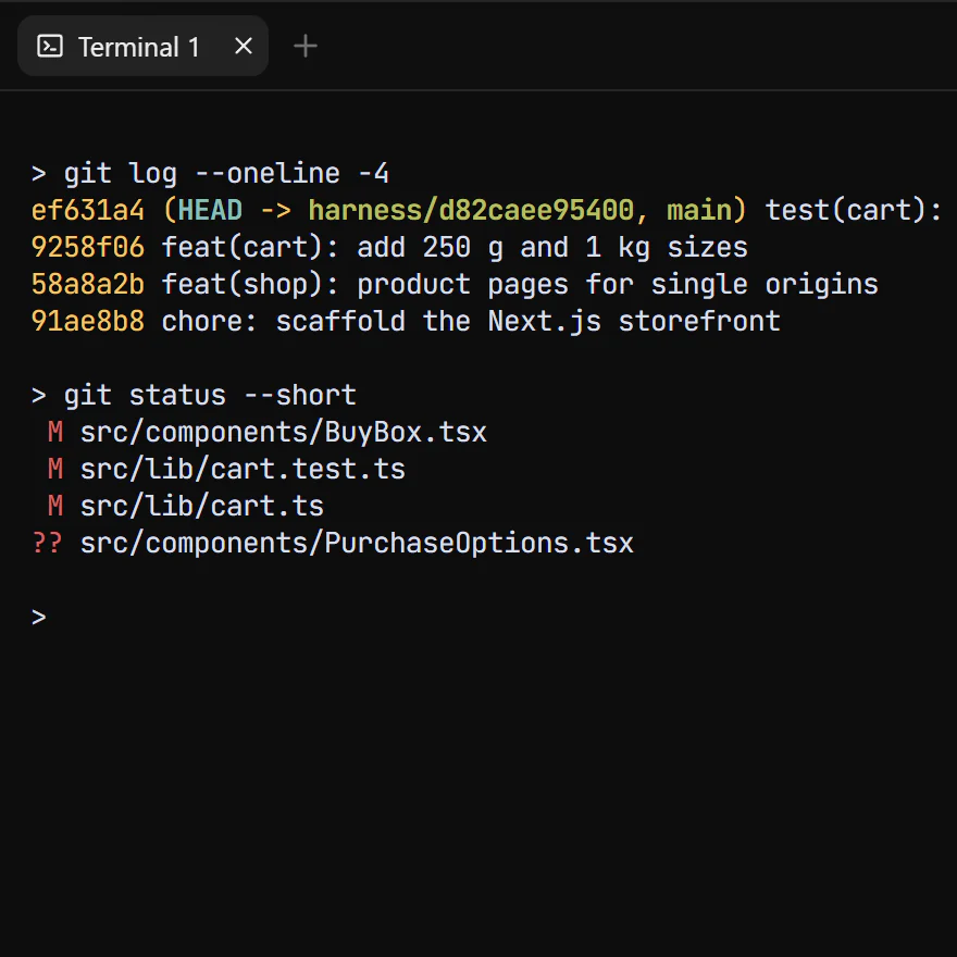The Terminal panel showing git log and git status output for the project.